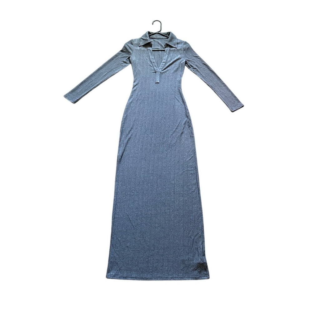 Micas Women's Small Gray V-Neck Long Sleeve Collared Bodycon Long Dress